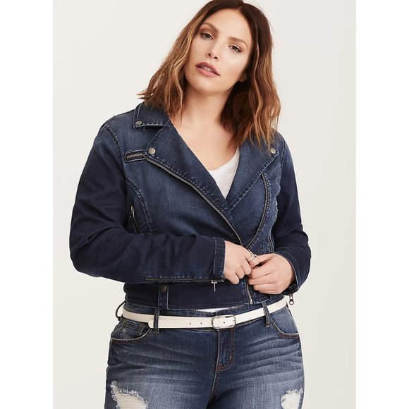 TORRID Dark Wash Indigo Stretch Denim Moto Jean Jacket sz 3X Womens Plus Trucker - Picture 11 of 13